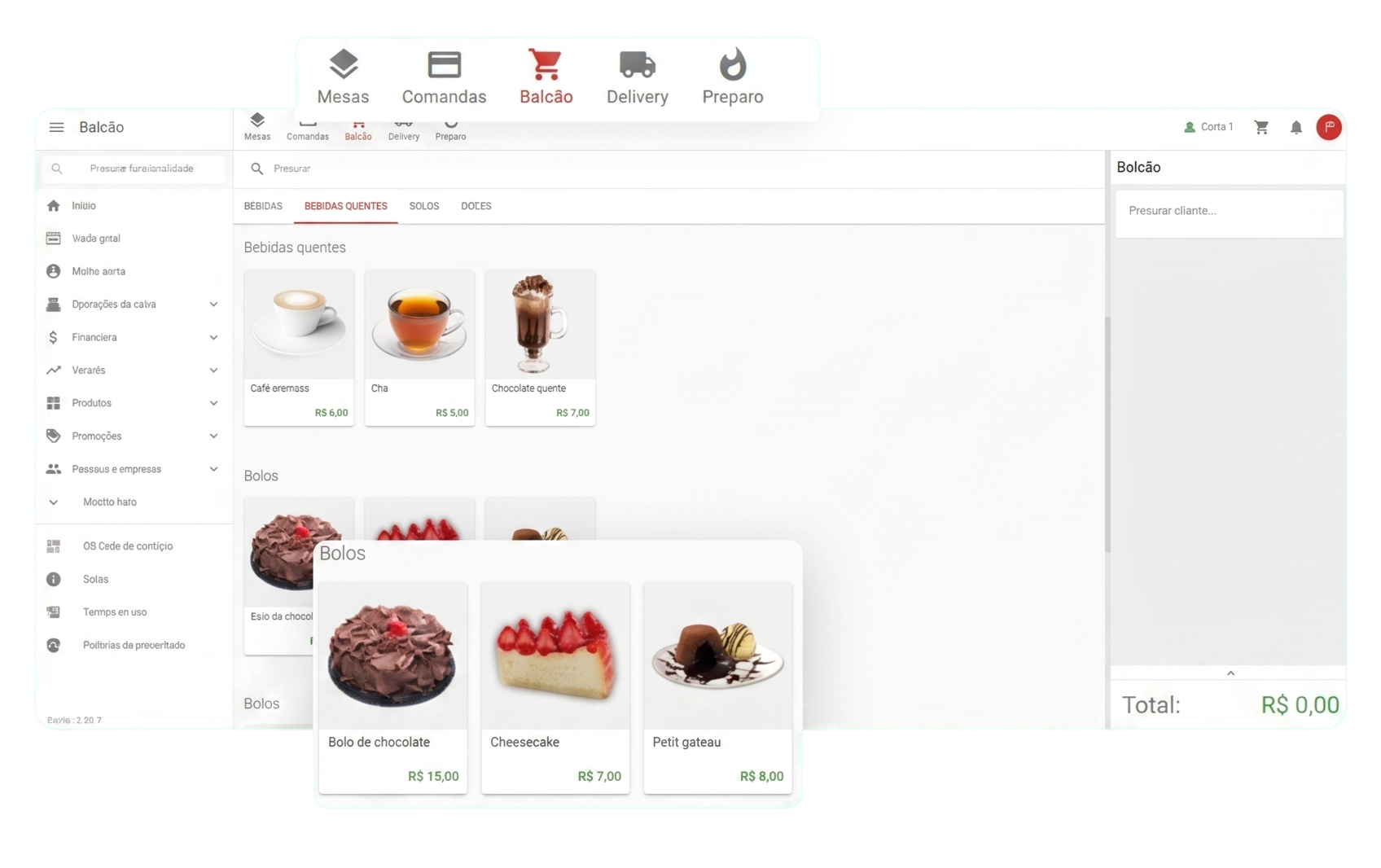 Tela do sistema GrandChef na frente de caixa com cardápio e totais